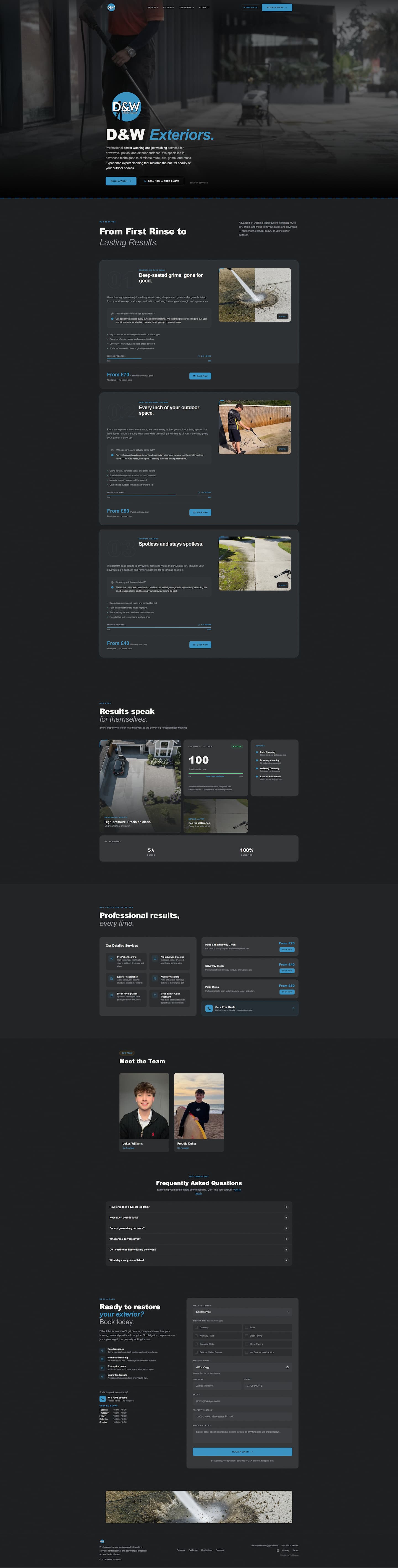 Full-page screenshot of the D&W Exteriors power washing and exterior cleaning website